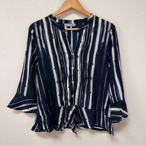 Habitat Navy & White Striped Button Front Blouse with Bell Sleeves Sz S - Picture 1 of 4